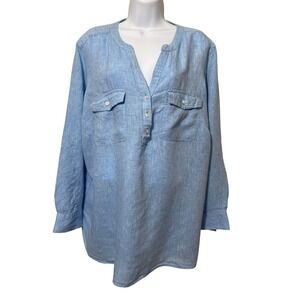 Talbots Plus Womens 2X Blue 100% Linen Roll Tab Sleeve Button Casual  Top